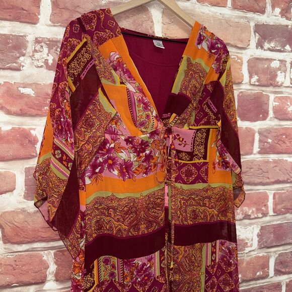 Roaman's Dress 14W Multicolor Boho Floral Abstract Casual Popover Tie Waist Midi - Picture 3 of 8